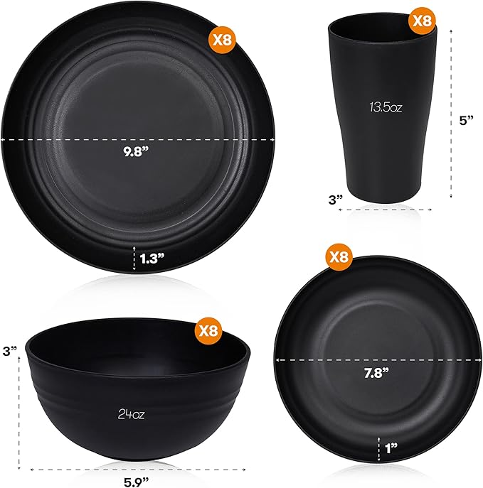 Dinnerware Set for 8, Black Wheat Straw, Round, Microwave Safe