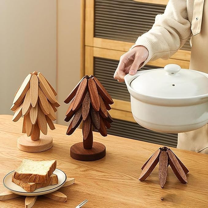 Natural Wood Tree Trivet Set, 𝐍atural Tree Trivet Set - 4 Wooden Trivets,4 Wooden 𝐓rivets & 1 Stand Like a Christmas Trees,for Hot Dish,Pot,Bowl,Teapot,Hot Pot Sets (Natural Wood 5 Trivets,1set)