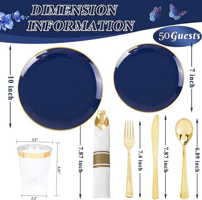 Plastic Plates for 50 Guests in Navy Blue with Gold Trim