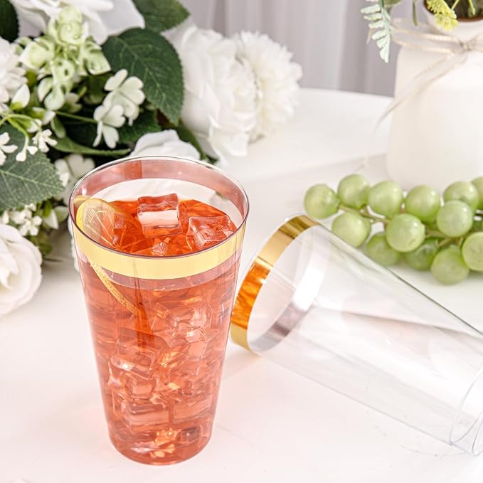 Cups, 16 oz Heavy Duty Clear Plastic with Gold Rim, 50 Count