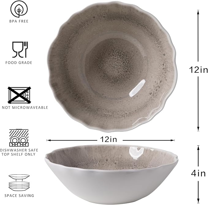 Melamine Serving Bowls, 2-Piece Set, 12-Inch Gray Farmhouse Style