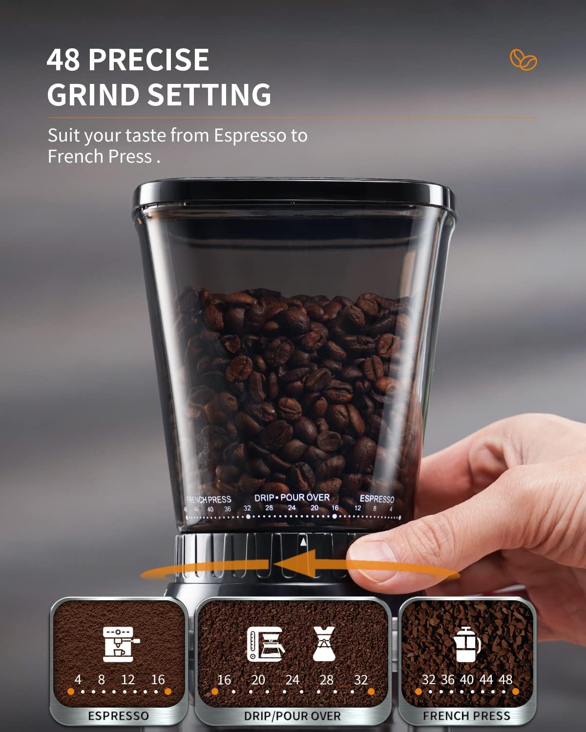 Electric Burr Grinder with 48 Settings, Stainless Steel, Silver