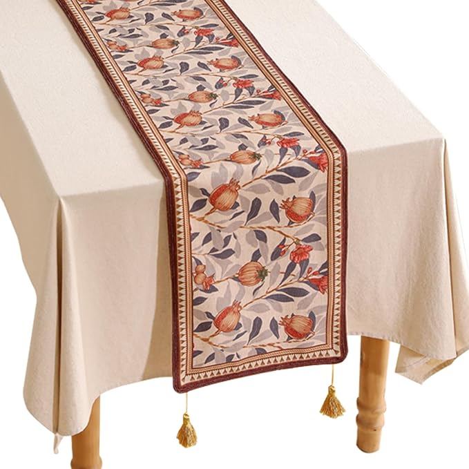 Table Runner, 12 x 87 Inch Floral Pomegranate Linen-Polyester Blend