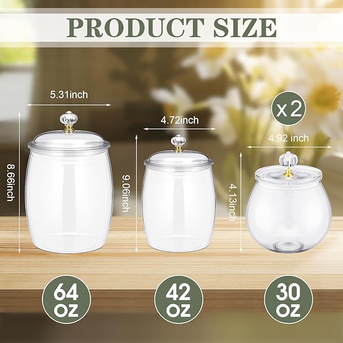 Food Jar Canisters, 4 Clear Plastic Jars with Lids, 64/42/30 oz