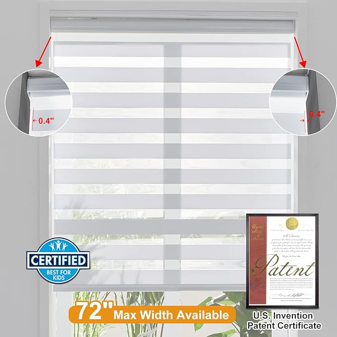 Persilux Cordless Zebra Blinds for Indoor Windows, Free-Stop Zebra Blinds Cordless, Light Filtering Sheer Shades Dual Layer for Day and Night, Zebra Roller Shades for Home (35.25" W X 47" H, White)