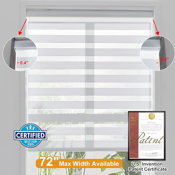 Persilux Cordless Zebra Blinds for Windows (59" W X 47" H, White) Free-Stop Dual Layer Roller Windows Shades for Day and Night, Light Filtering Sheer Shades for Home, Bedroom, Easy to Install