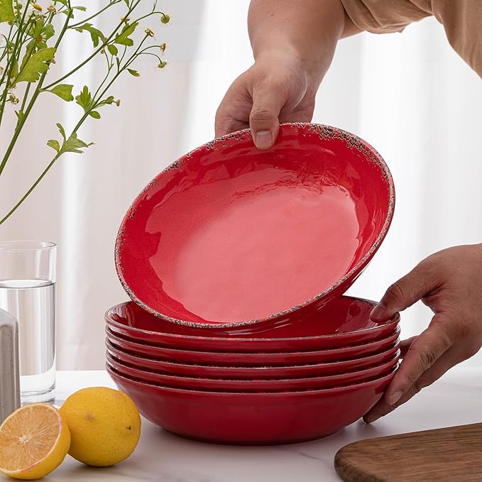 Pasta Bowls, 9-Inch Melamine Farmhouse Set of 6 in Antique Red
