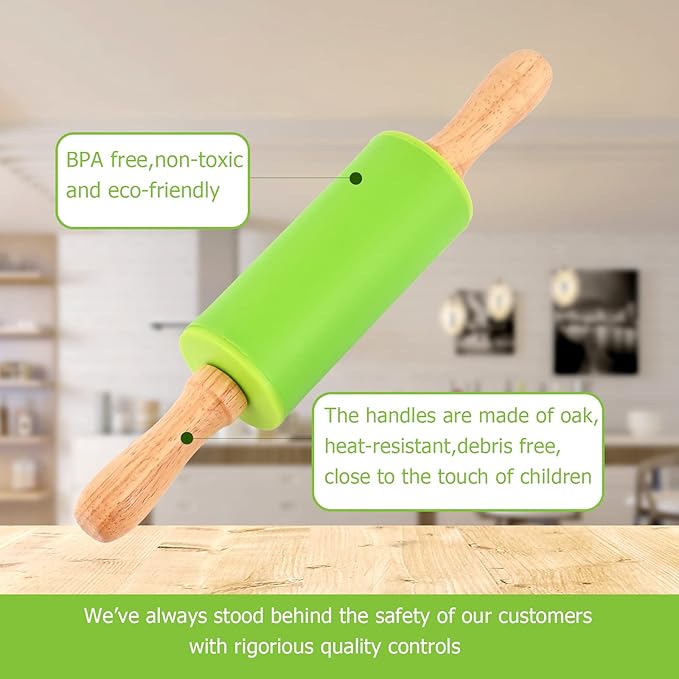 Mini Silicone Rolling Pin for Kids, Non-stick Surface Wood Handle, 9 Inch 1 Pack White Candy Granules
