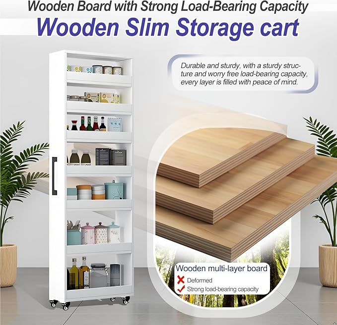 7-Tier Slim Storage Cart, Wooden Rolling Pantry Cabinet with Wheels, Narrow Shelf Organizer for Kitchen, Bakers Rack, Dining Room, Closet, Small Spaces Warm White 73.2''H*7.8''W*19.6''D
