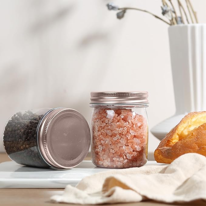 Food Storage Jars 32 Pack, 8 oz Clear Plastic with Rose Gold Lids