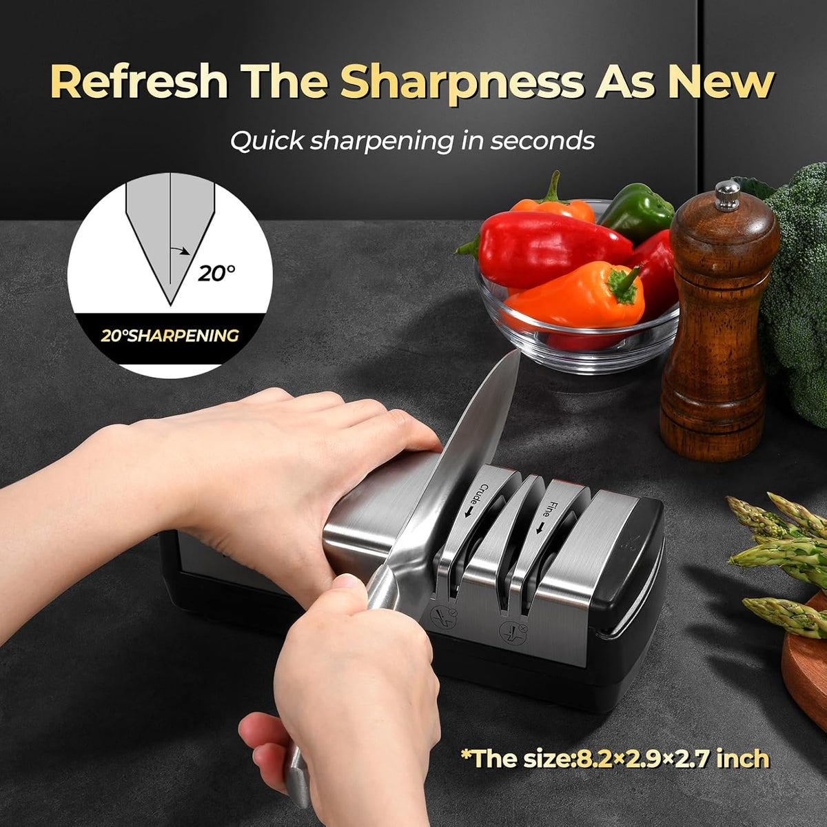 Electric Knife Sharpener, Diamond Wheels, 2-Slot Design, Silver