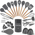 Country Kitchen Non Stick Silicone Utensil Set with Rounded Wood Handles for Cooking and Baking, 38 Piece Set, Gray
