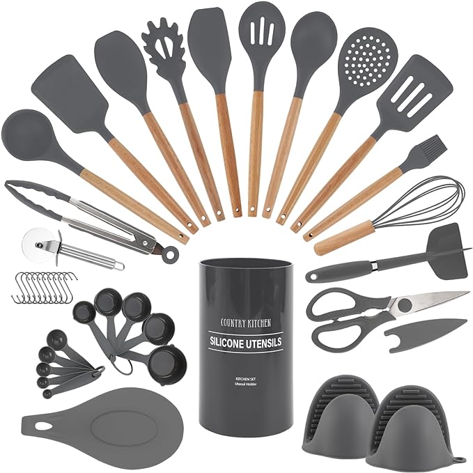 Country Kitchen Non Stick Silicone Utensil Set with Rounded Wood Handles for Cooking and Baking, 38 Piece Set, Gray