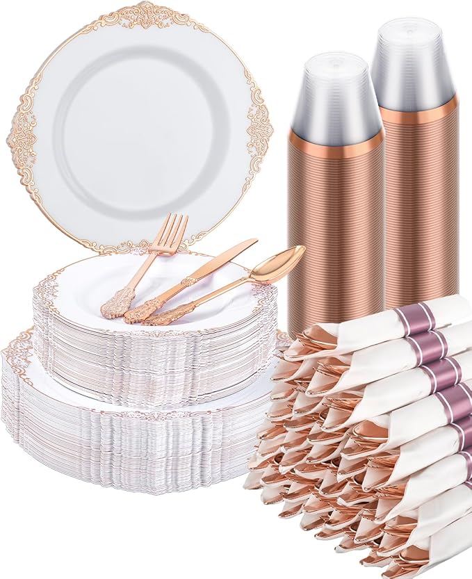 Plates Set with Rose Gold Border, Disposable Plastic, 350 Pieces