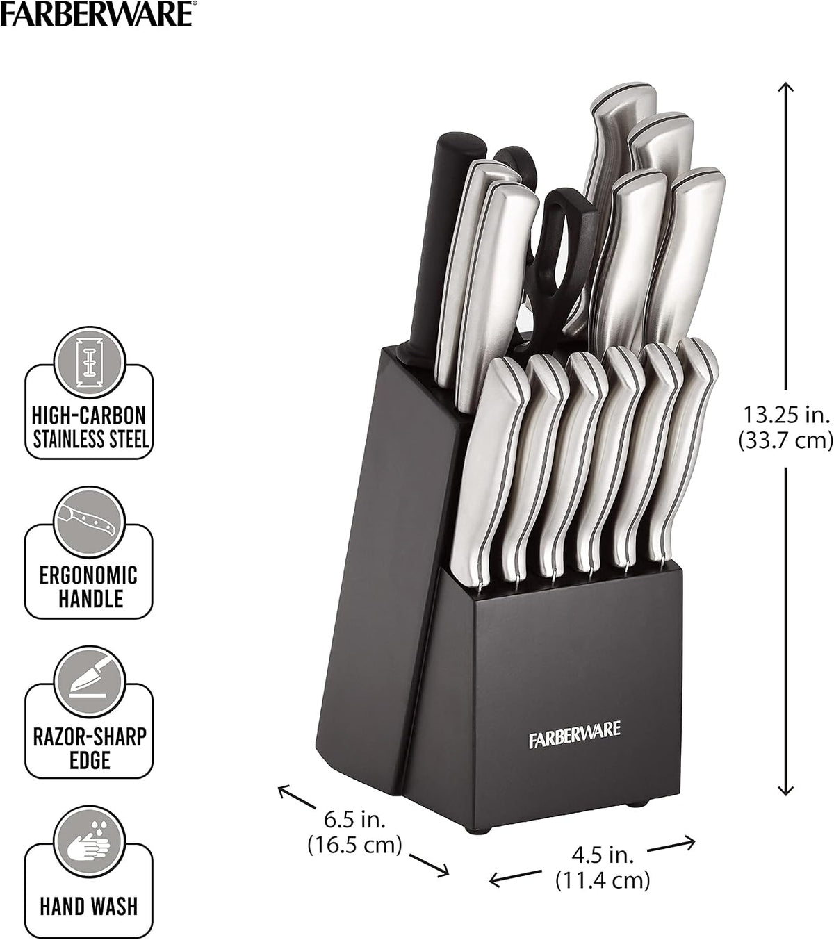 Knife Block Set, 15-Piece Forged High-Carbon Steel with Black Pinewood Block