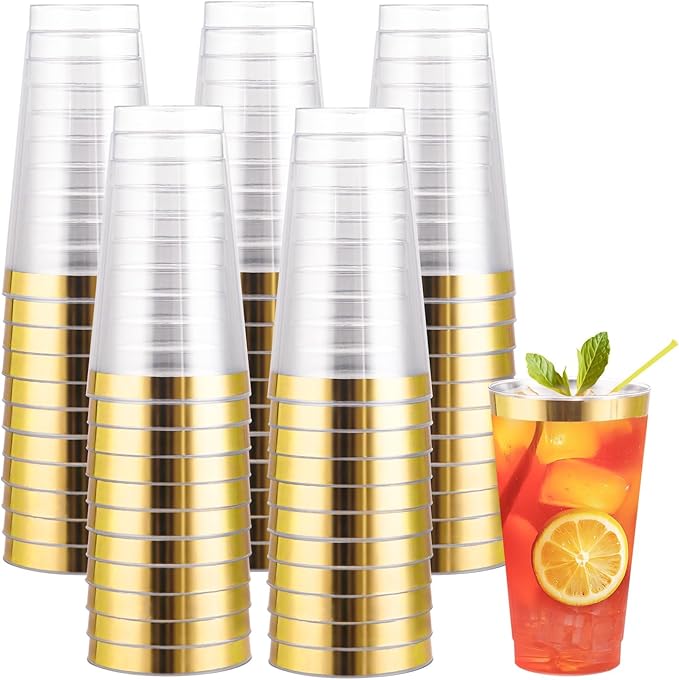 Cups, 16 oz Heavy Duty Clear Plastic with Gold Rim, 50 Count