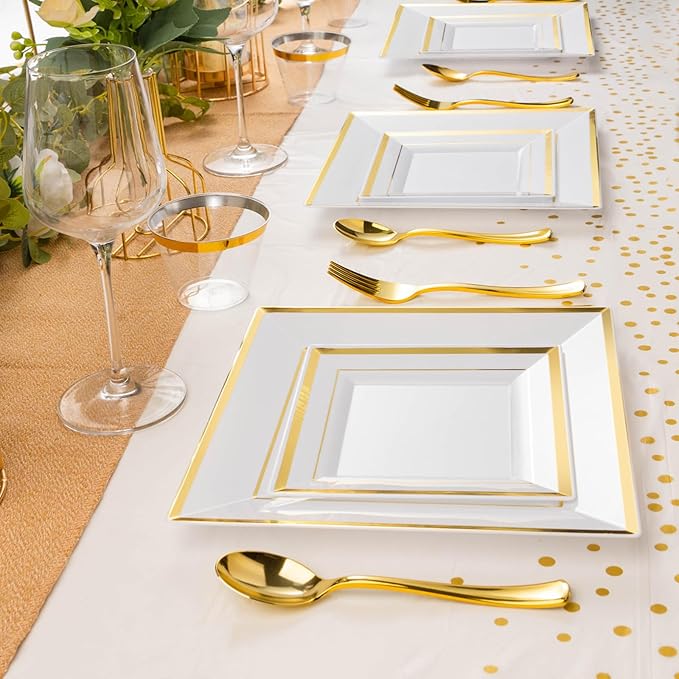 Plates Set, Gold Square Plastic, 352 Pieces for 50 Guests