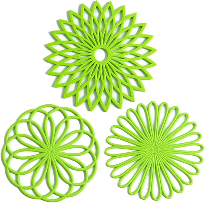 Silicone Trivets Set of 3 Flower Shape Hot Pot Mats, Lime Green