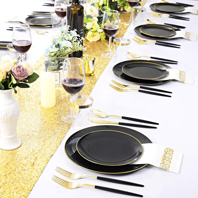 Plates Set, 350 Pieces, Black Plastic with Gold Accents