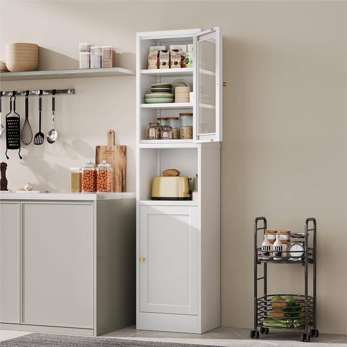 Pantry Cabinet with Glass Doors, 3 Shelves, Tall Slim Metal Frame