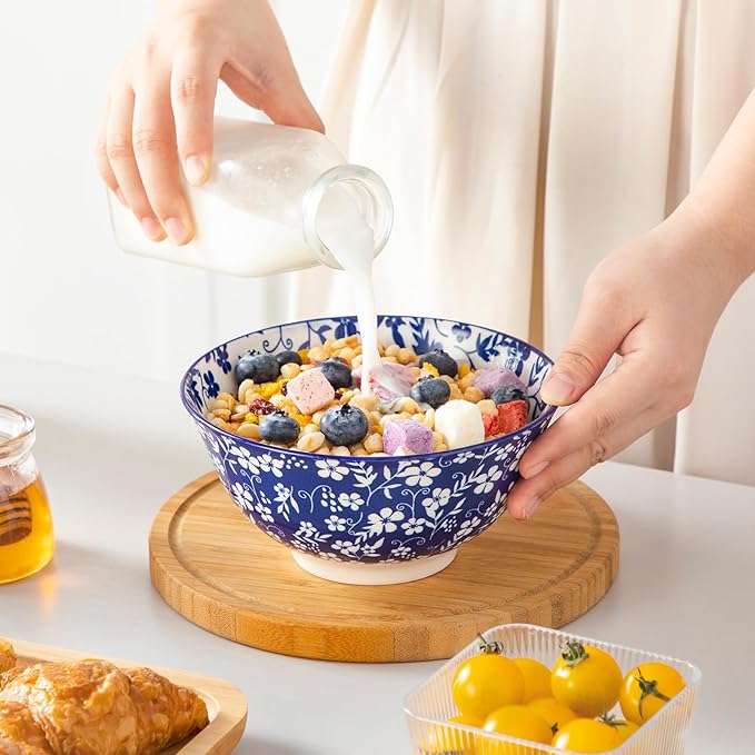 Cereal Bowls Set of 6, 24 oz Blue and White Floral Porcelain