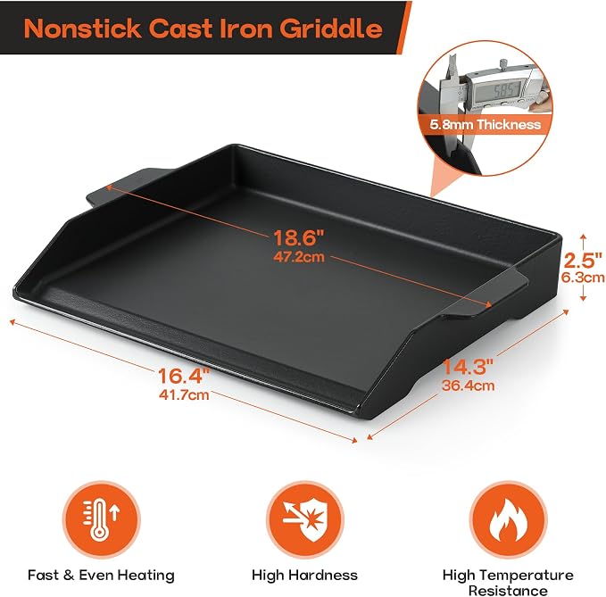 Cast Iron Griddle 18.6 x 14 Inch Black Flat Top with Tall Sidewalls
