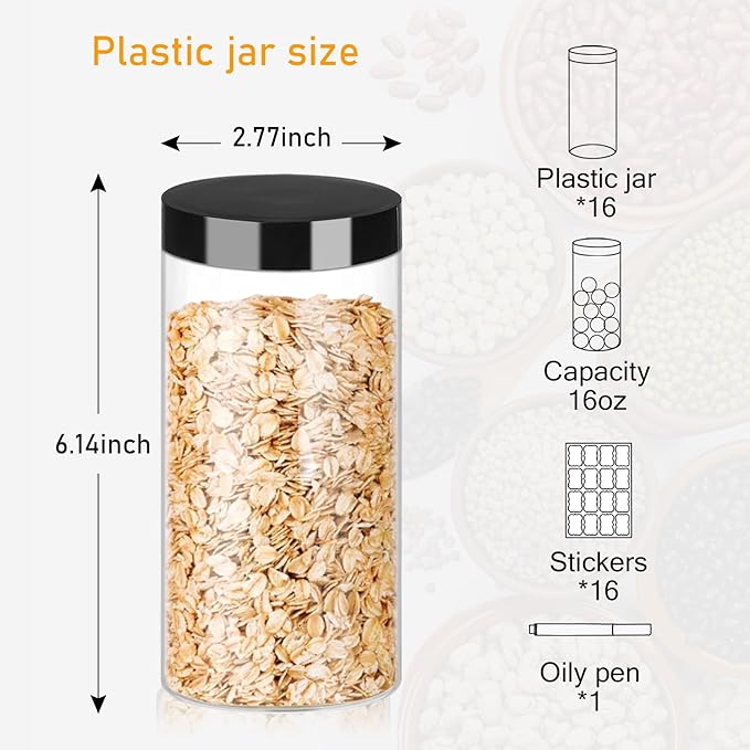 Food Jar Canisters, 16 oz Clear PET Plastic, 16 Pack with Marker and Labels