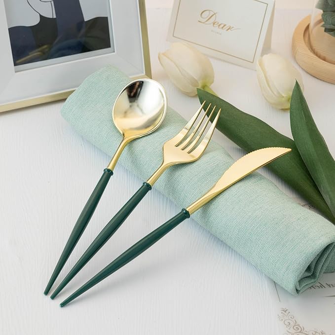 Disposable Spoons, Forks and Knives Set, 90 Pieces, Gold Plastic