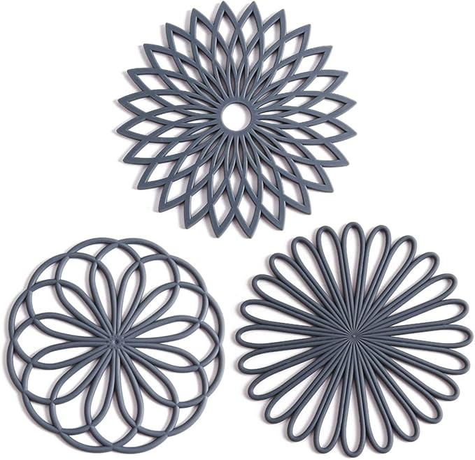 Silicone Trivet Set of 3 Flower Shape, Grey, Heat Resistant to 482°F