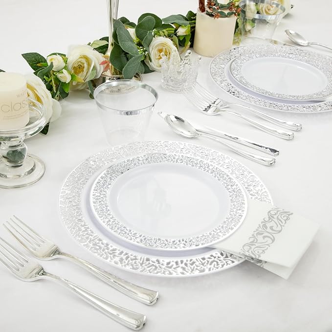 Plates for 50 Guests in Round Silver Plastic, High-Gloss Finish