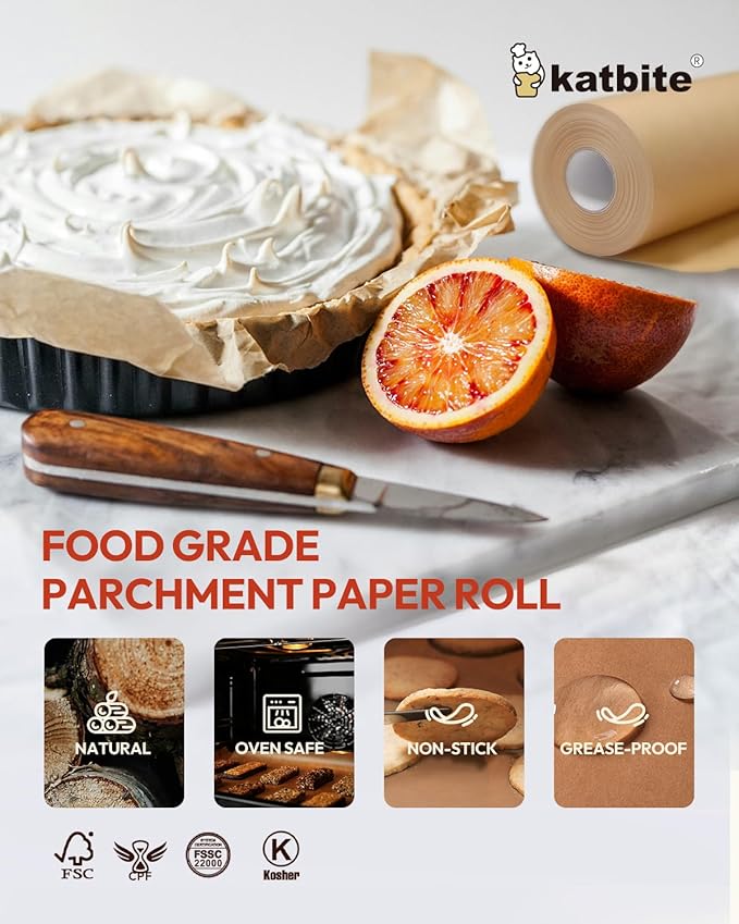Katbite Unbleached Parchment Paper Roll, 15in x 242ft, 300 Sq.Ft, Non-Stick with Serrated Cutter for Baking, Cooking, Air Fryer