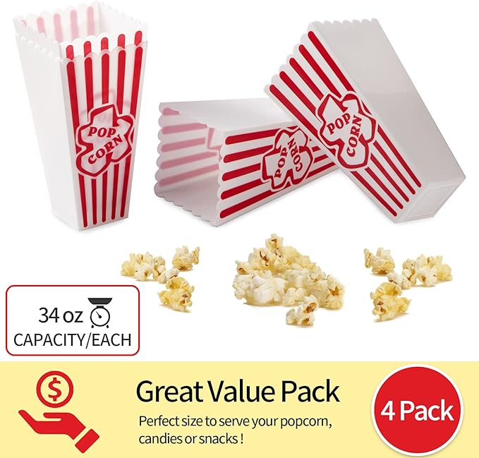 Snack Bowls: 4 Red and White Striped Plastic Popcorn Containers, 34 oz