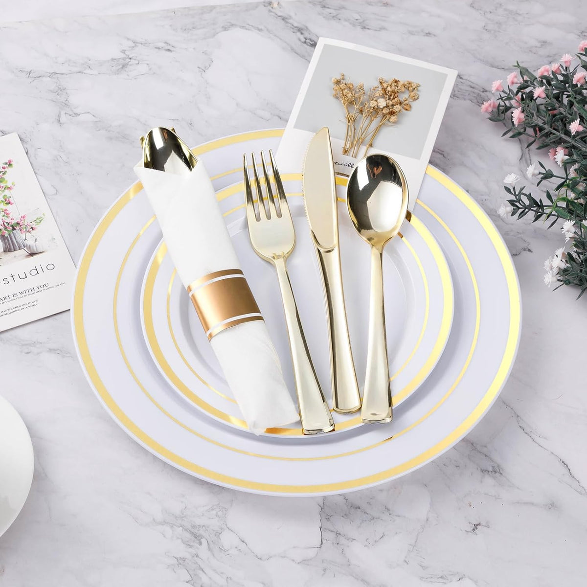 Plates Set with Gold Rims, 350 Pieces, Plastic, Serves 50