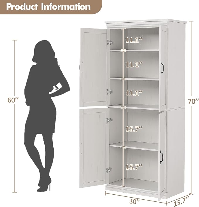 Freestanding Pantry Cabinet, 70-Inch Tall, Adjustable Shelves, Antique White