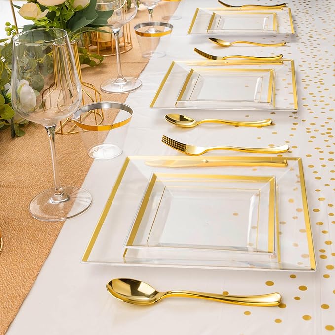 Plates Set, 352 Pieces, Clear Plastic with Gold Rim