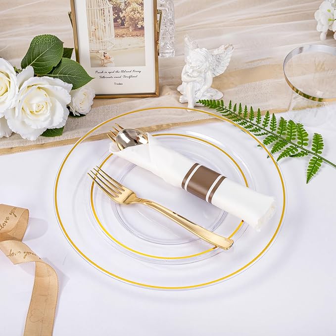 Gold-Rimmed Clear Plastic Plates, 175-Piece Set for 25 Guests