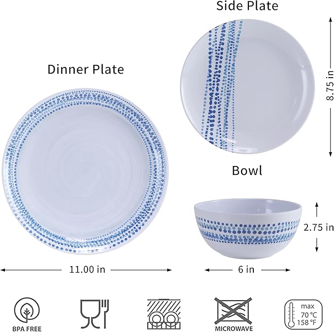 Melamine Dinnerware Set for 4, 12-Piece Blue Raindrop Plates and Bowls
