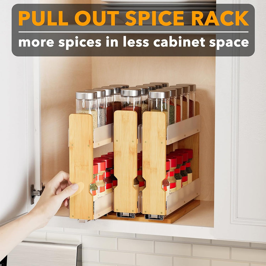 Bamboo Pull Out Spice Rack Organizer for Cabinet, Heavy Duty Slide Out – features