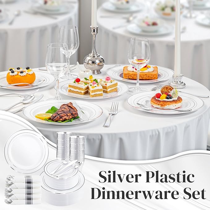 Party Plates Set for 50 Guests in White and Silver Hard Plastic