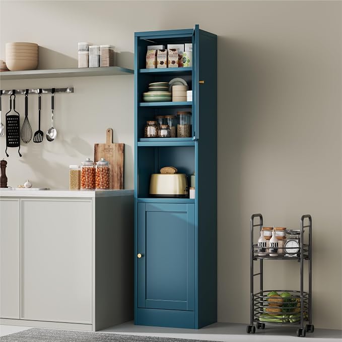 Pantry Storage Cabinet, Tall Slim Metal, 2 Doors, 3 Shelves, Blue