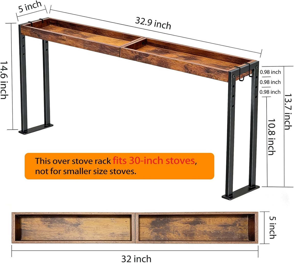 Spice Rack Over Stove Shelf, Wood Tray, 4 Adjustable Heights, 33-Inch