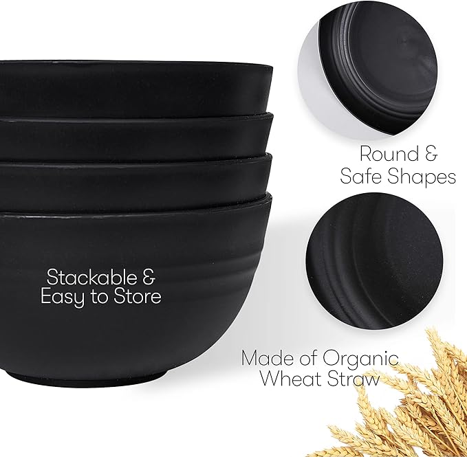 Dinnerware Set, Black Wheat Straw, Unbreakable and Microwave Safe