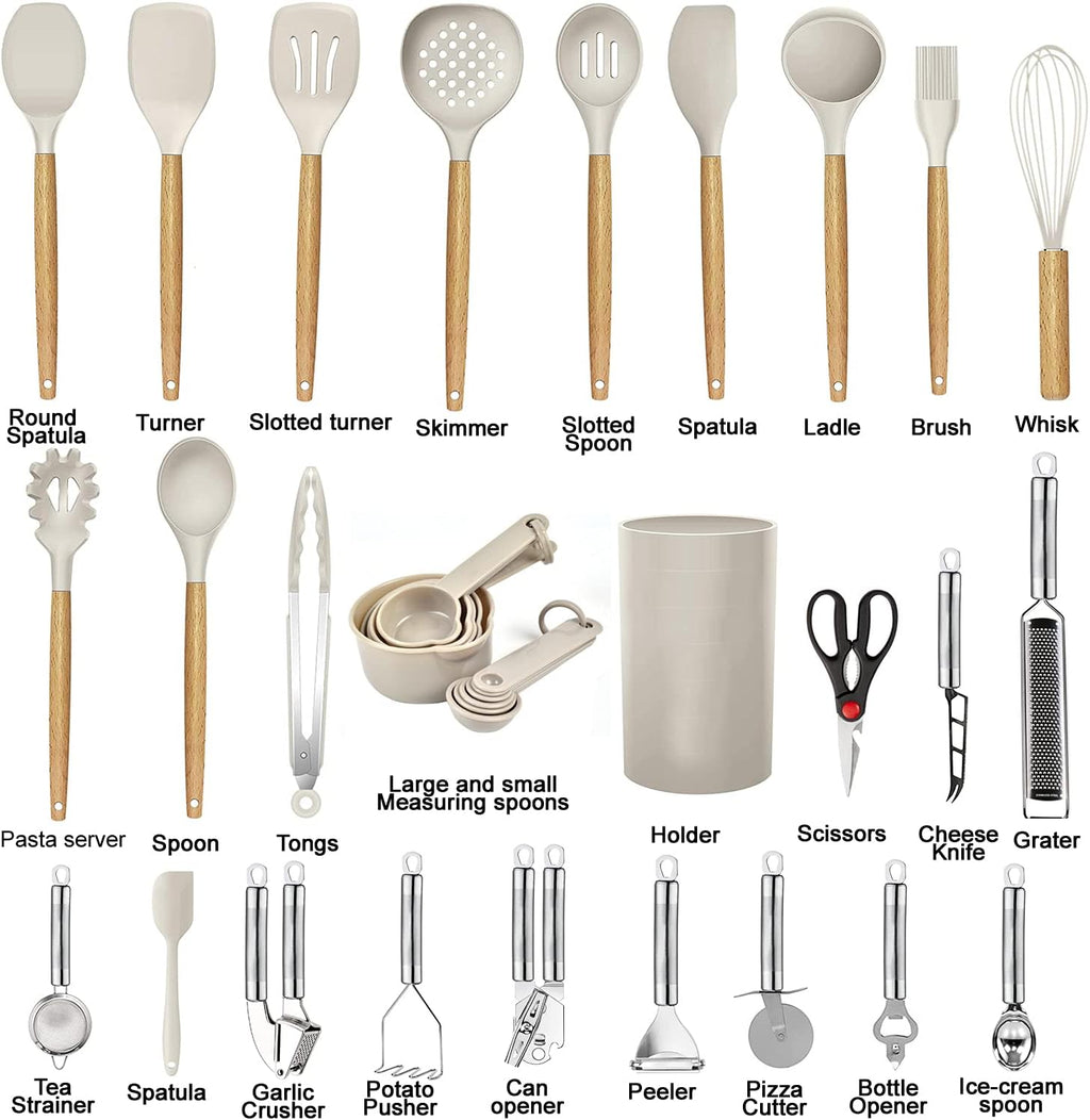 Utensil Set, 35-Piece Silicone Cooking Set with Wood Handles in Khaki