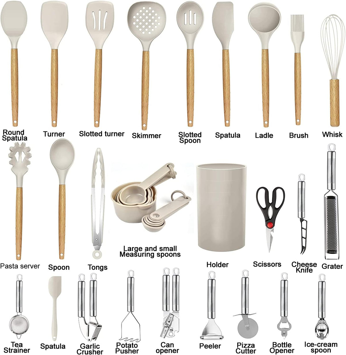 Utensil Set, 35-Piece Silicone Cooking Set with Wood Handles in Khaki