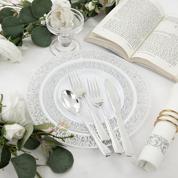 Plates for 50 Guests in Round Silver Plastic, High-Gloss Finish