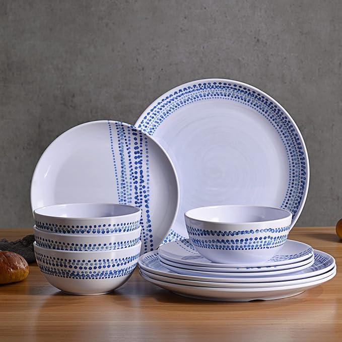 Melamine Dinnerware Set for 4, 12-Piece Blue Raindrop Plates and Bowls