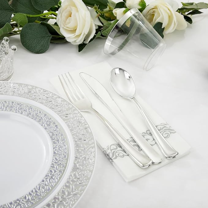 Plates for 50 Guests in Round Silver Plastic, High-Gloss Finish