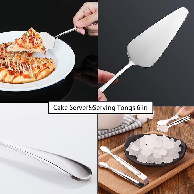 6 PCS Stainless Steel Serving Utensils, Large Serving Spoons Slotted Spoons, Forks, Ice Suger Tongs, Cake Server, Soup Ladle, Metal Utensils Set Great for Buffet Catering Banquet Party, Silver