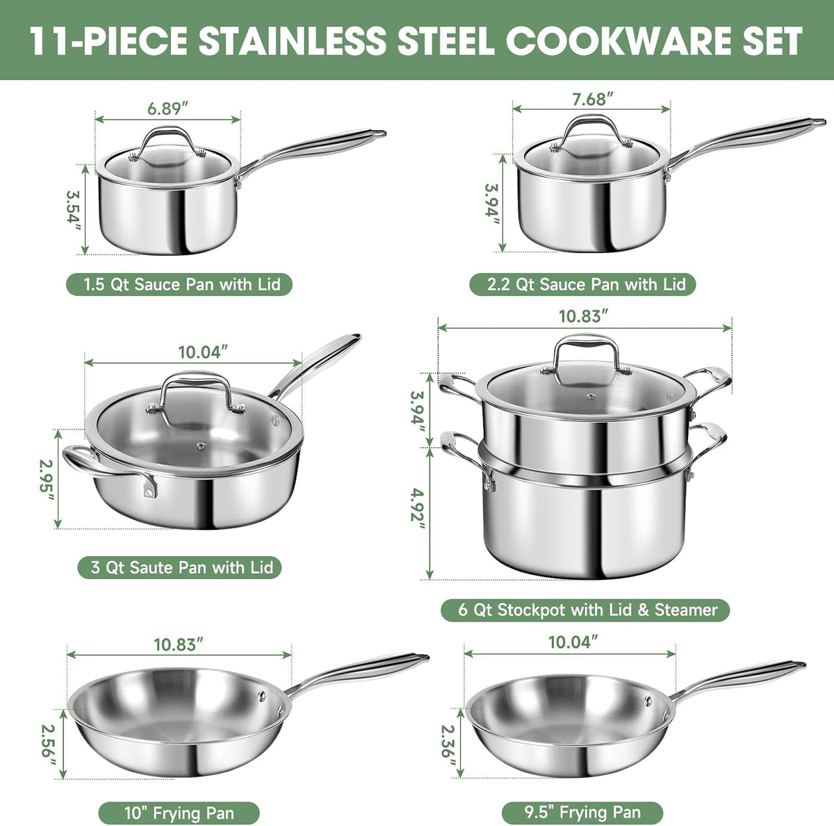 Cookware Set, 11-Piece Stainless Steel with Glass Lids