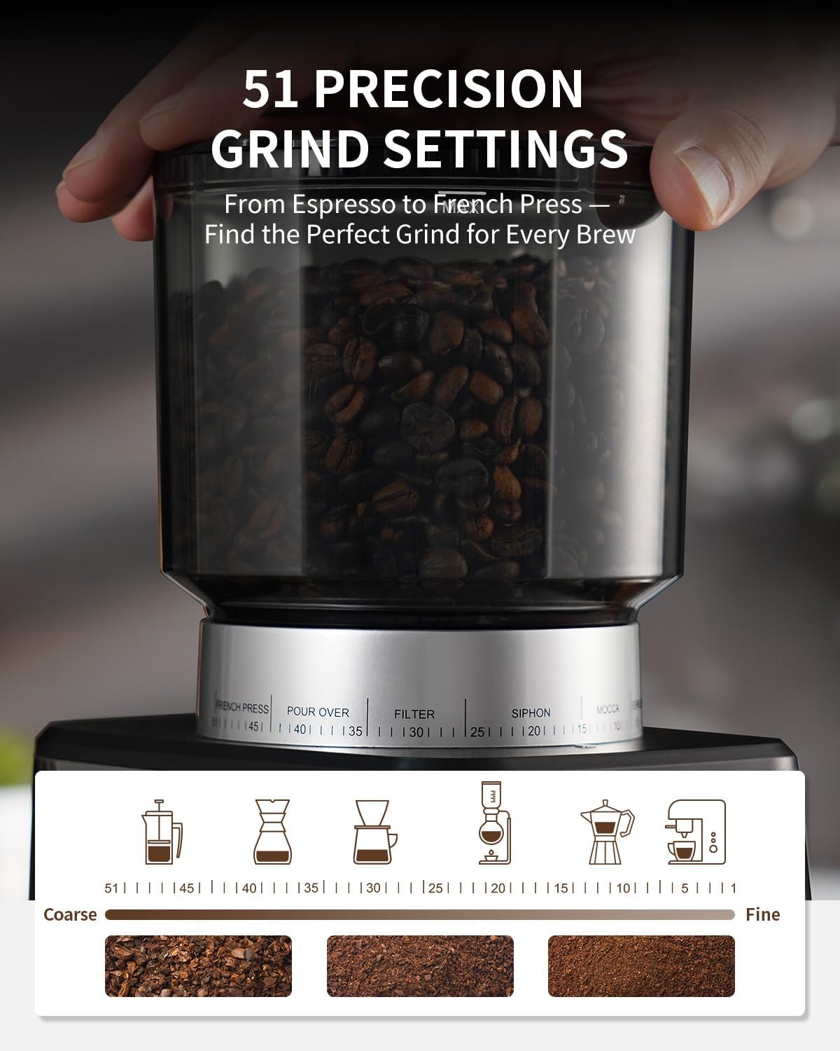 Conical Burr Espresso Coffee Grinder Electric with Precision Timer 2.0 – alternate view